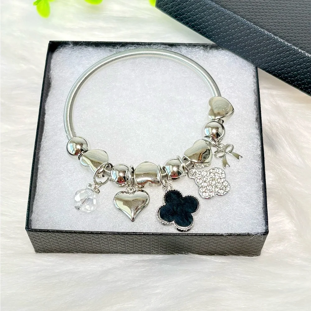 Silver Clover Charm Bracelet with Hearts - Picture 8 of 14